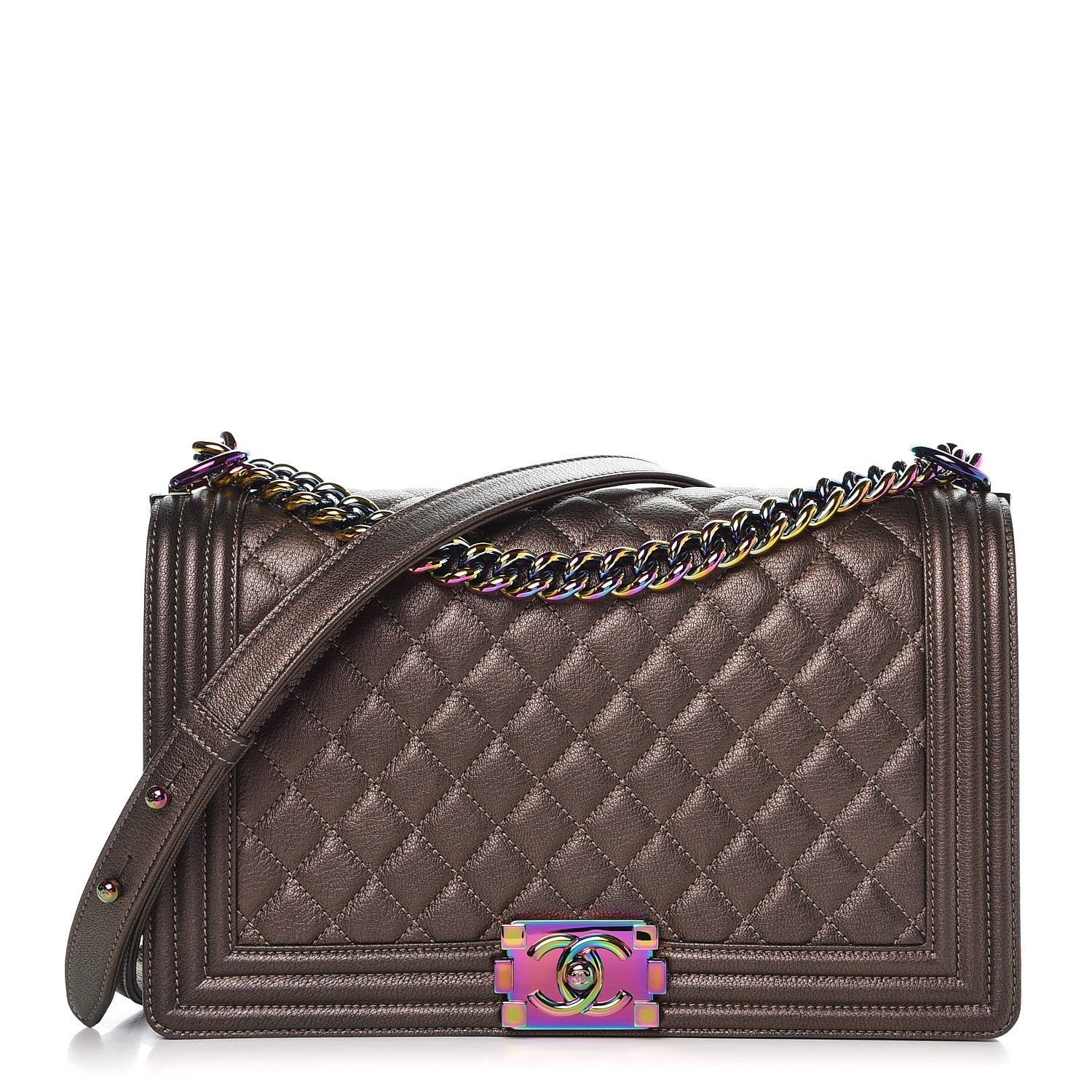 Chanel Iridescent Goatskin Quilted New Medium Boy Flap Dark Gold 1 of 8