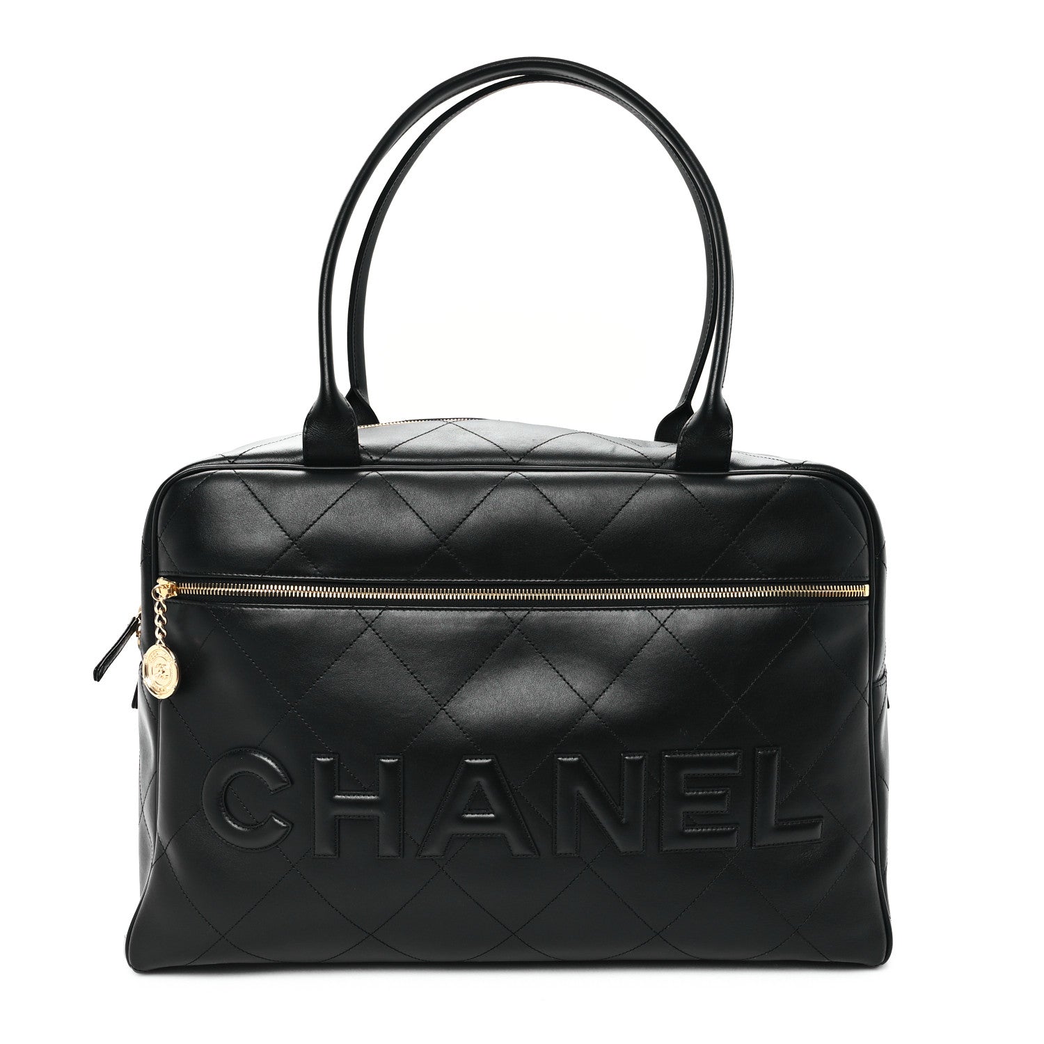 Chanel Calfskin Stitched Maxi Logo Bowling Bag Black 1 of 11