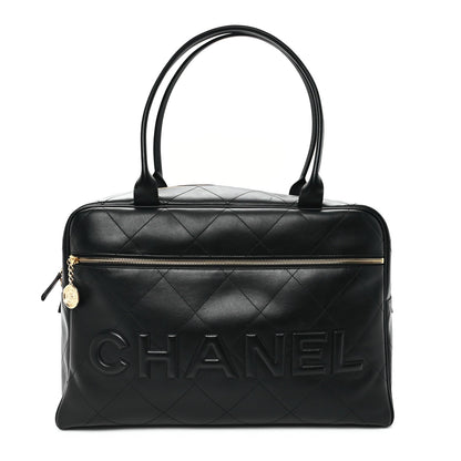 Chanel Calfskin Stitched Maxi Logo Bowling Bag Black 1 of 11