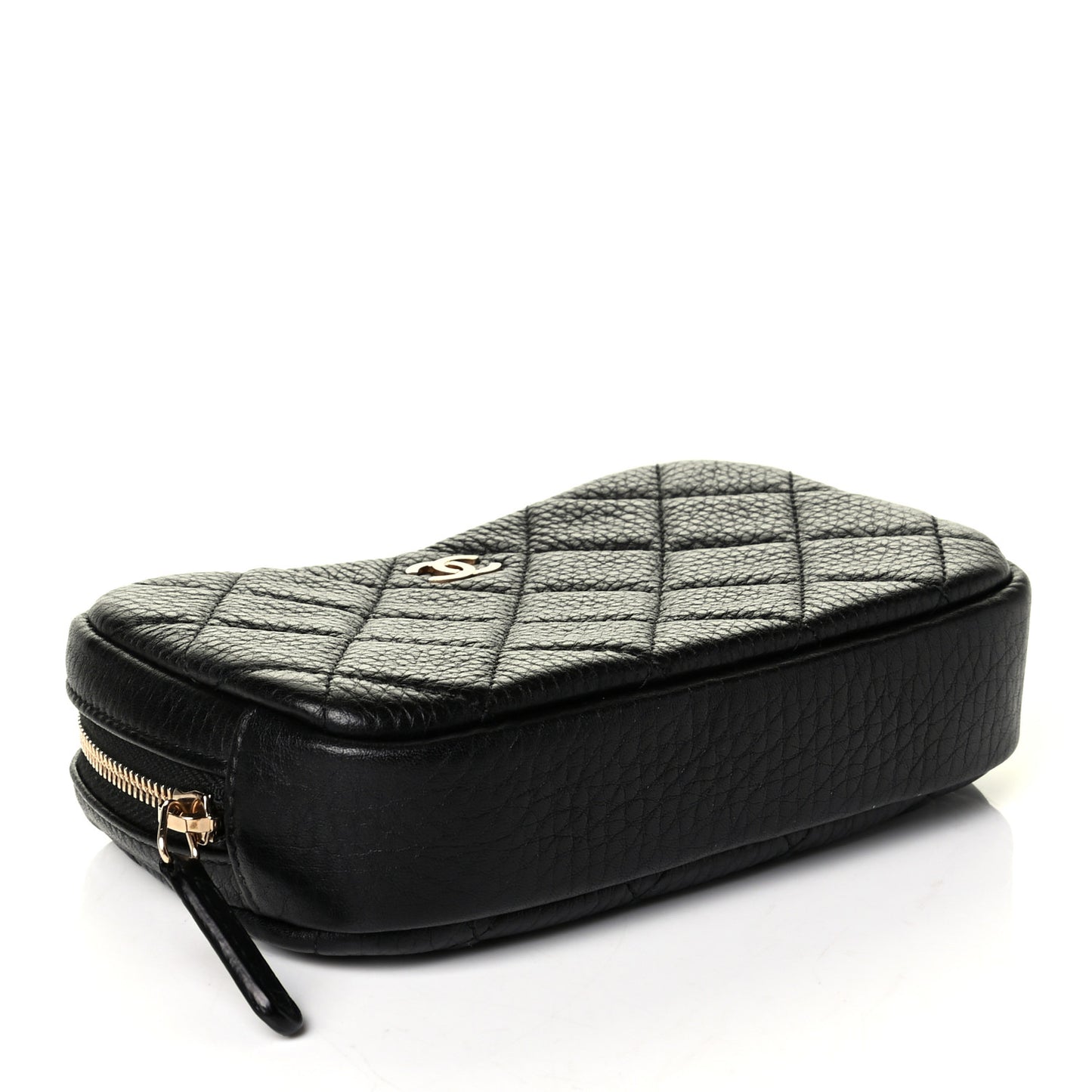 Grained Calfskin Quilted Small Curvy Pouch Cosmetic Case Black