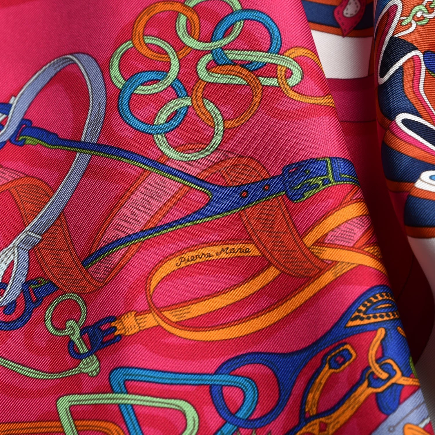 Hermes Silk Bouquets Sellier Scarf 90 Rouge Fuchsia Bleu 4 of 7