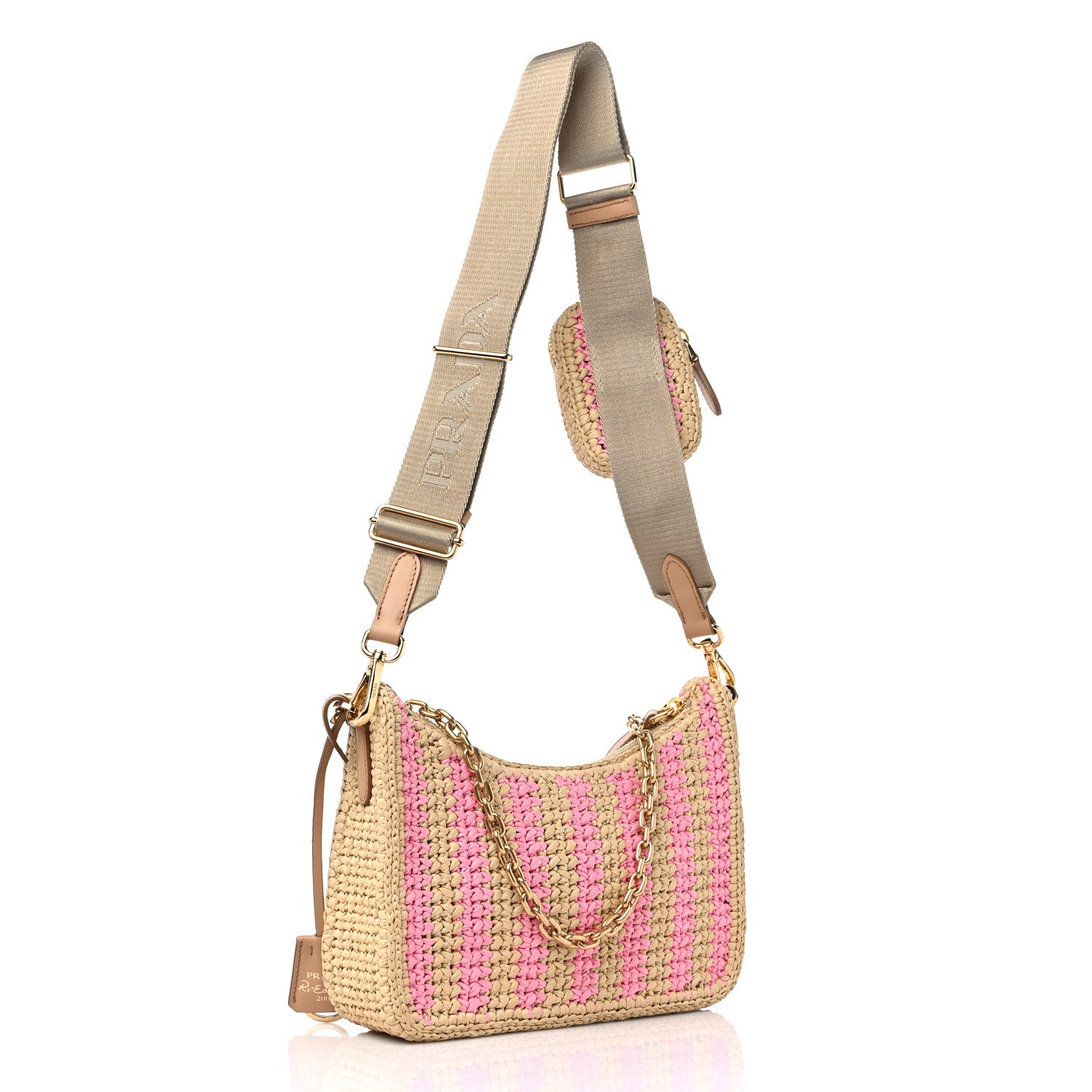 Prada Yarn Raffia Effect Crochet Striped Re-Edition 2005 Shoulder Bag Naturale Petalo 3 of 9
