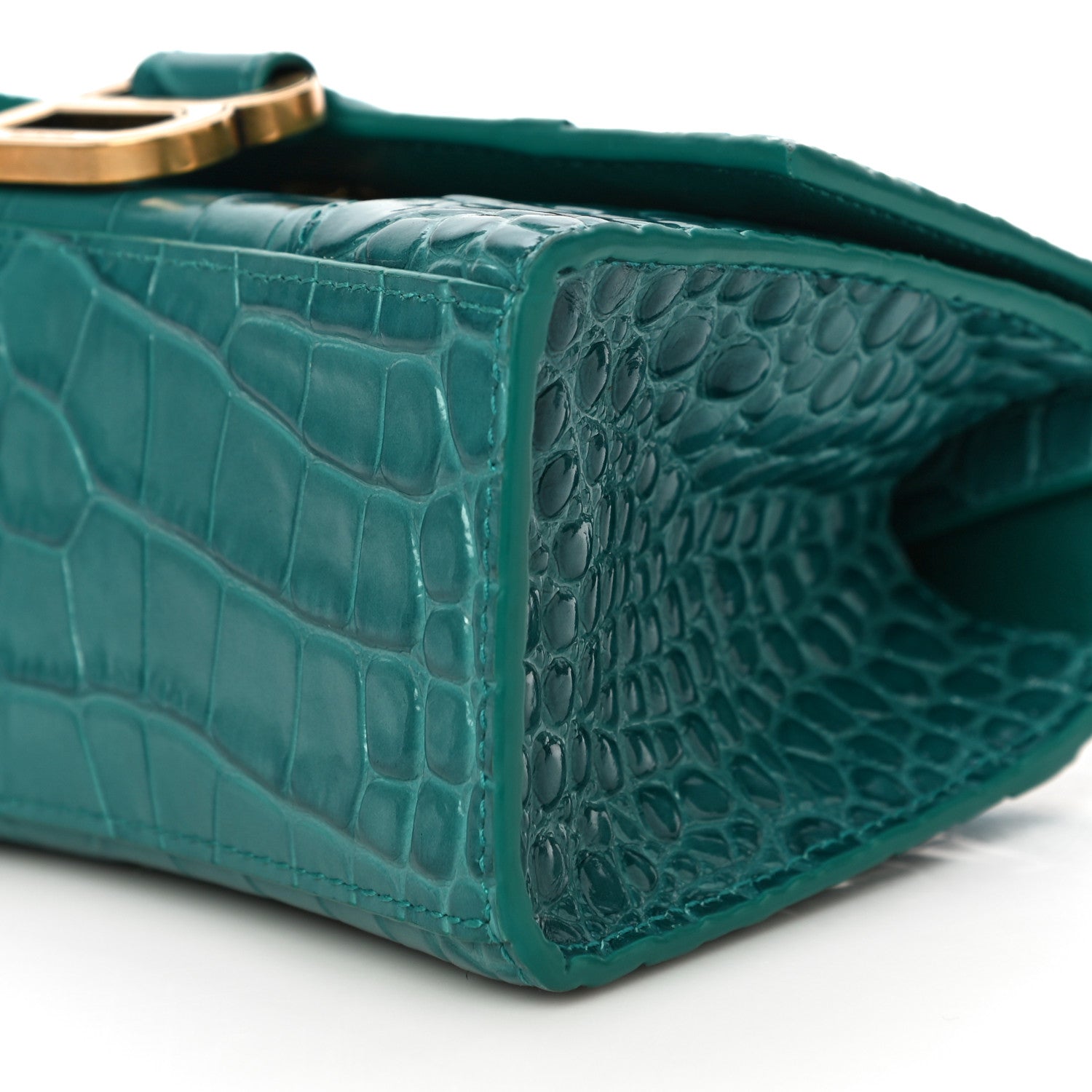 Balenciaga Shiny Calfskin Crocodile Embossed Hourglass Top Handle Bag XS Dark Turquoise 9 of 18