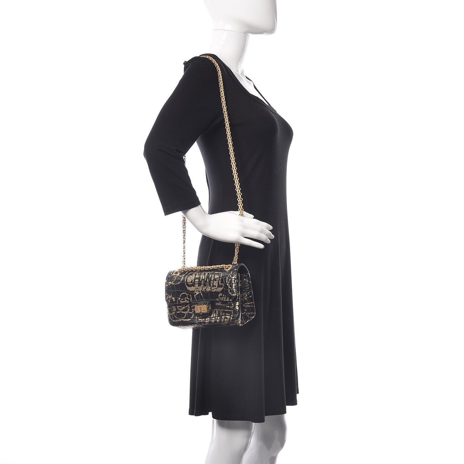 Chanel Calfskin Crocodile Embossed Graffiti 2.55 Mini Cocodile Reissue Flap Black Gold 2 of 10