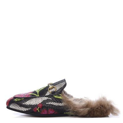 Gucci Brocade Fur Floral Womens Princetown Slippers 36 Black Anthracite 1 of 9