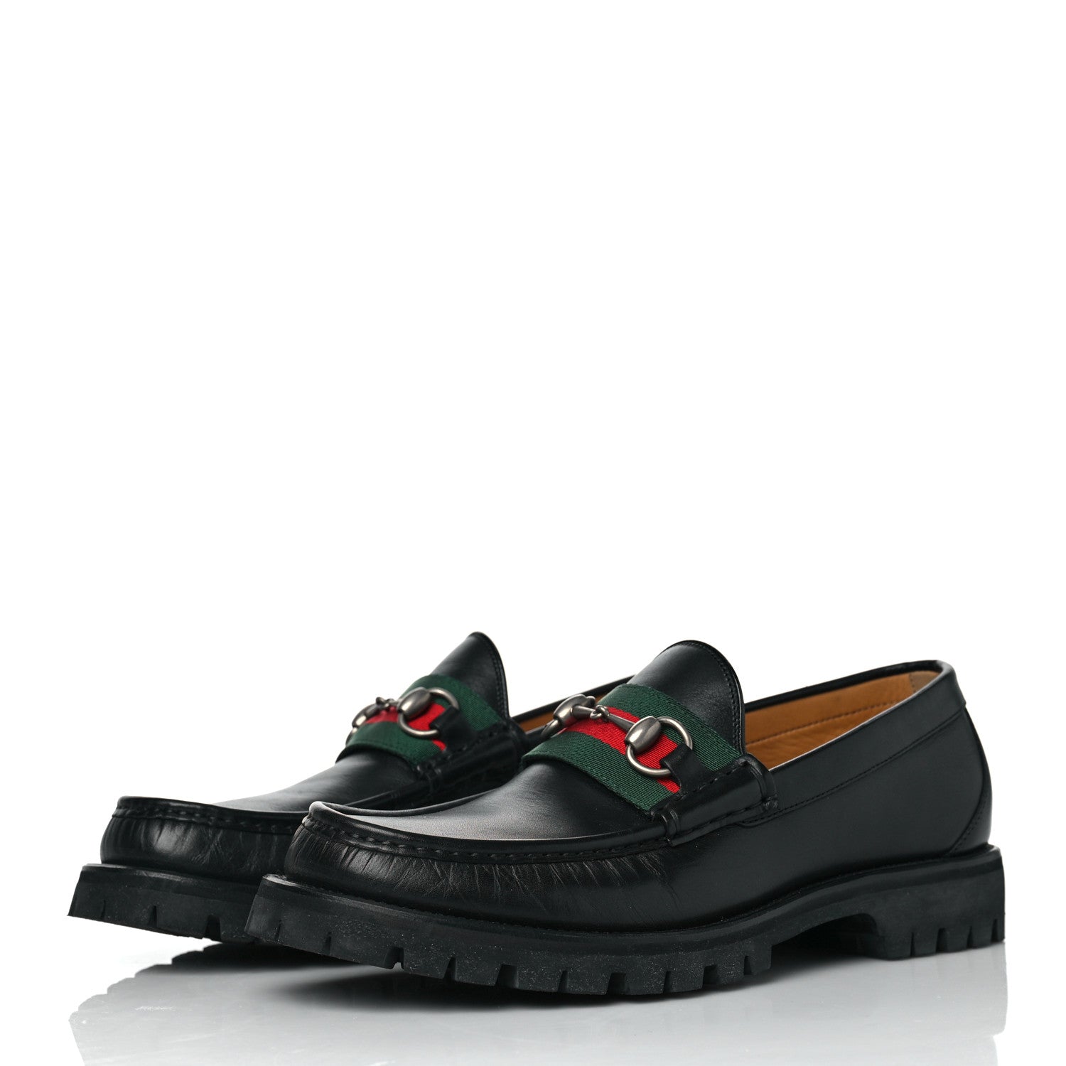 Gucci Cirano Lux Web Mens Horsebit Lug Sole Loafers 8 Black 3 of 8