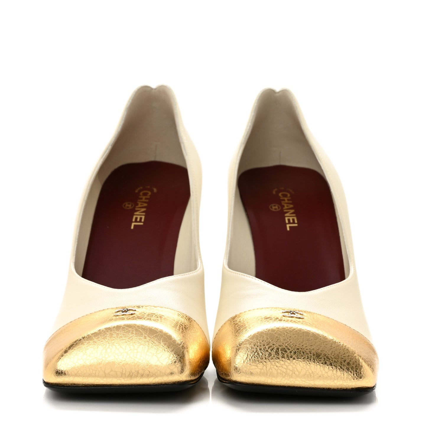 Lambskin Metallic Crackled Calfskin Square Cap Toe Pumps 39.5 Ivory Gold