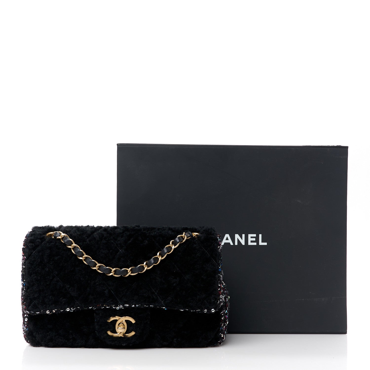 Chanel Shearling Sheepskin Tweed Quilted Single Flap Black 12 of 12