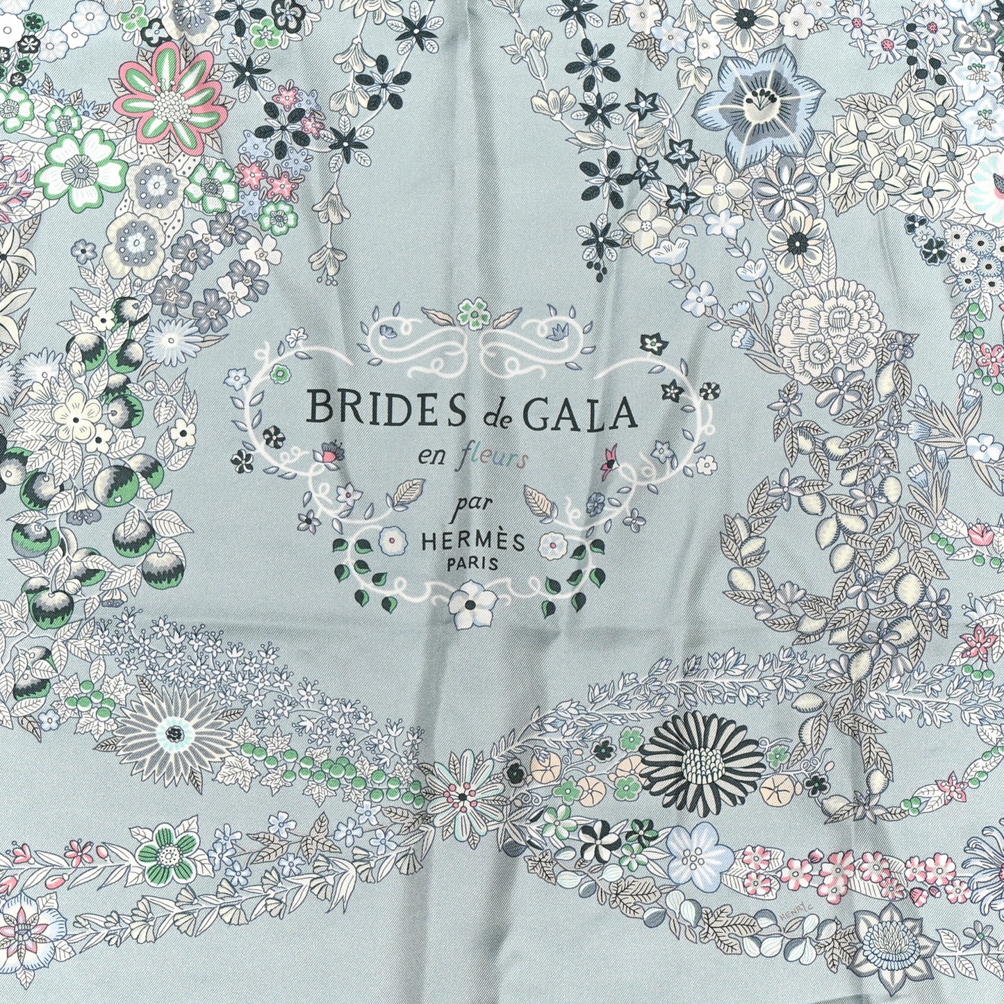 Silk Brides De Gala En Fleurs Scarf 90 White Bleu Glacier Vert