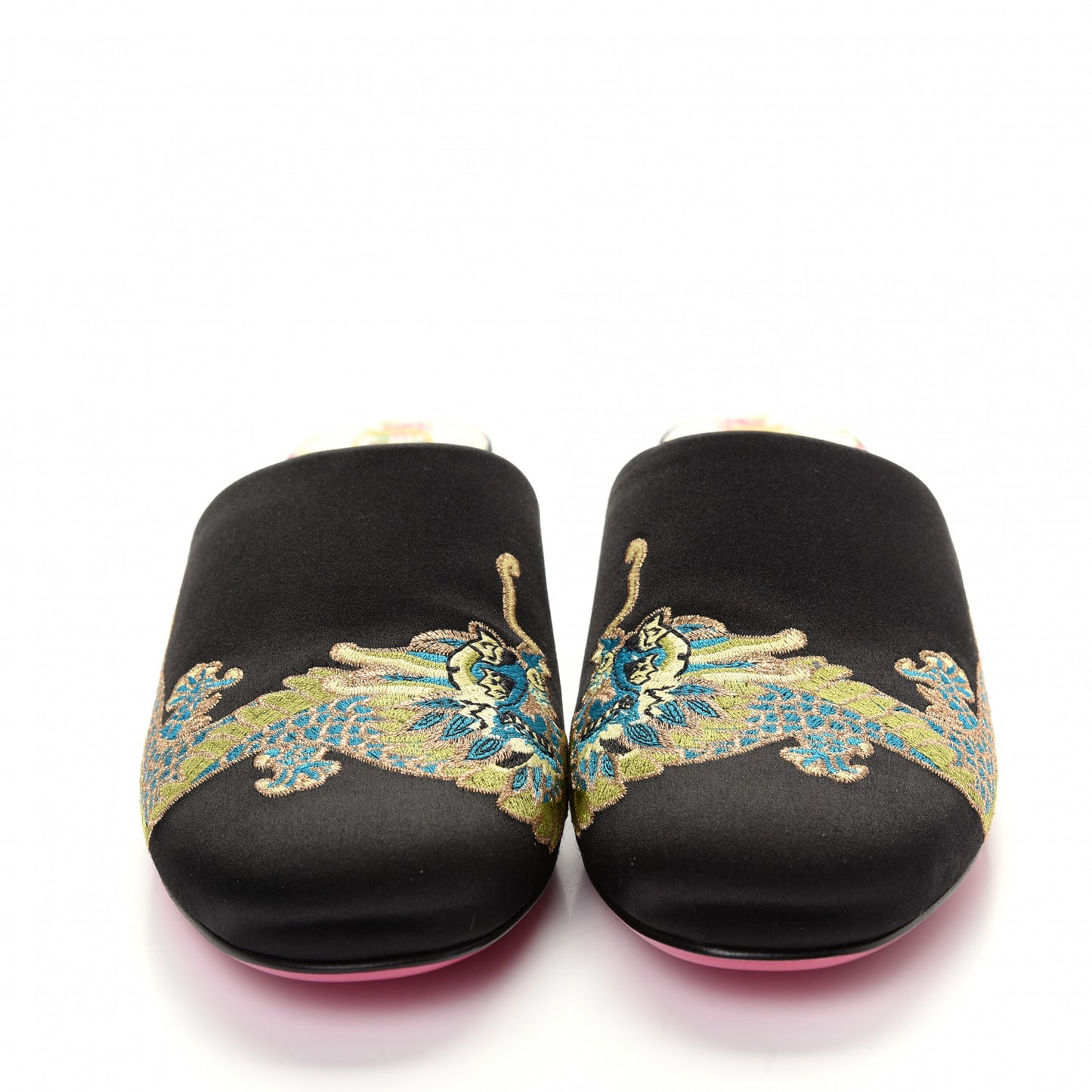 Satin Dragon Embroidered Candy Mules 38.5 Black