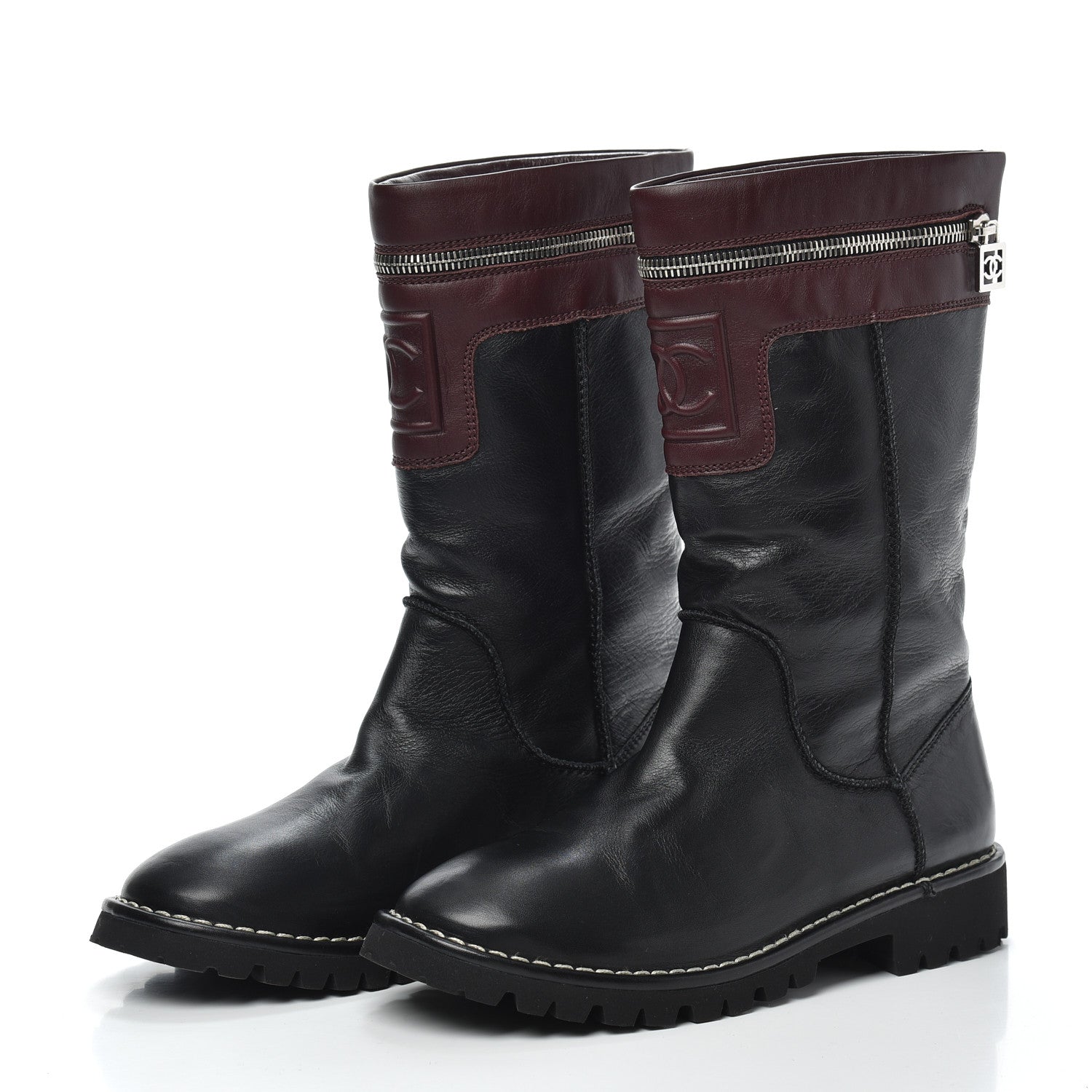 Chanel Calfskin Motorcycle Zipper Boots 37.5 Black Burgundy 3 of 6