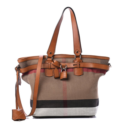 Burberry Canvas Mega Check Medium Traveler Tote Saddle Brown 1 of 4
