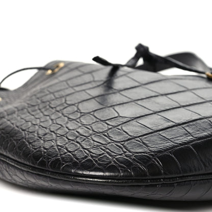 Saint Laurent Calfskin Crocodile Embossed Paris VII Large Flat Hobo Black 9 of 11