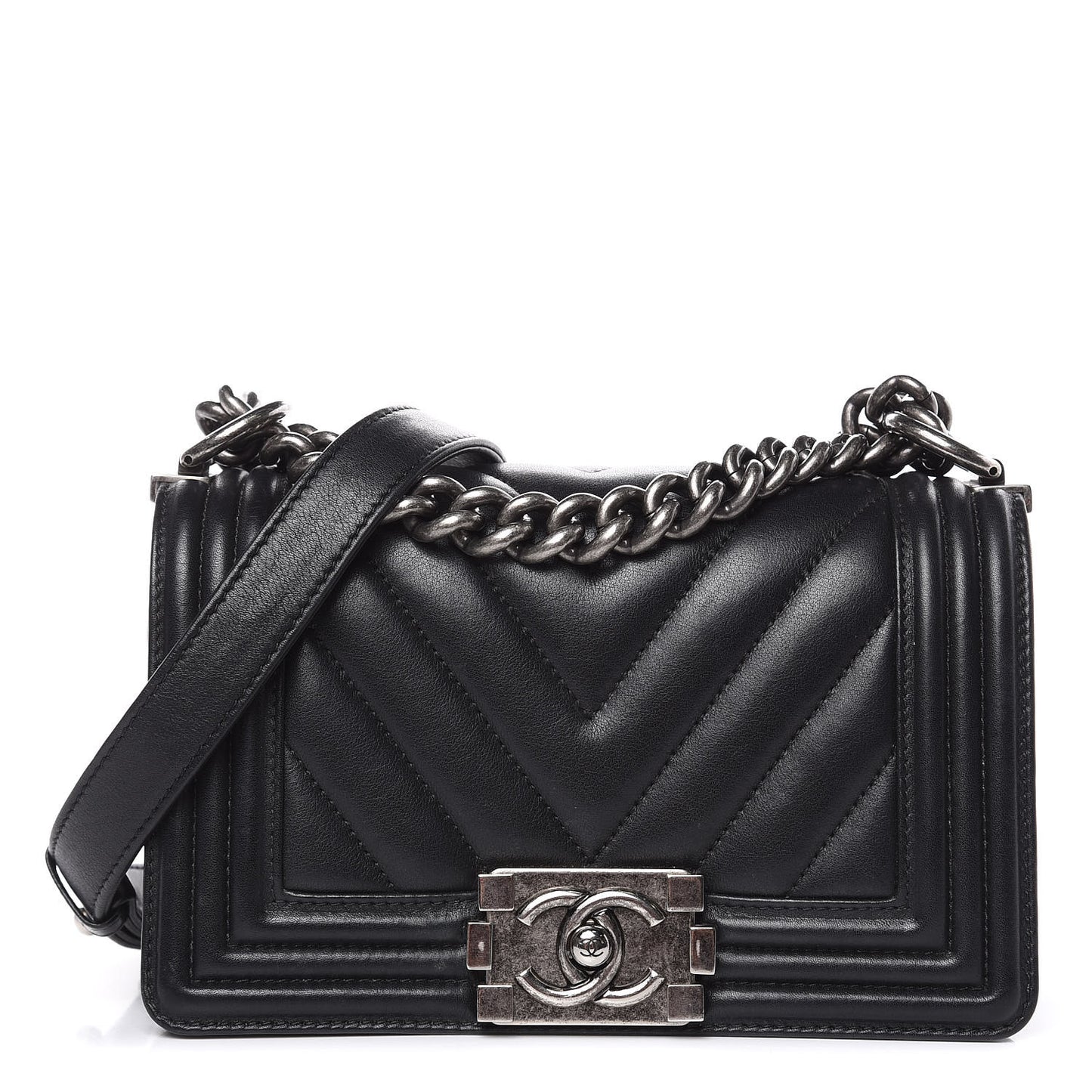 Calfskin Chevron Quilted Small Boy Flap Black
