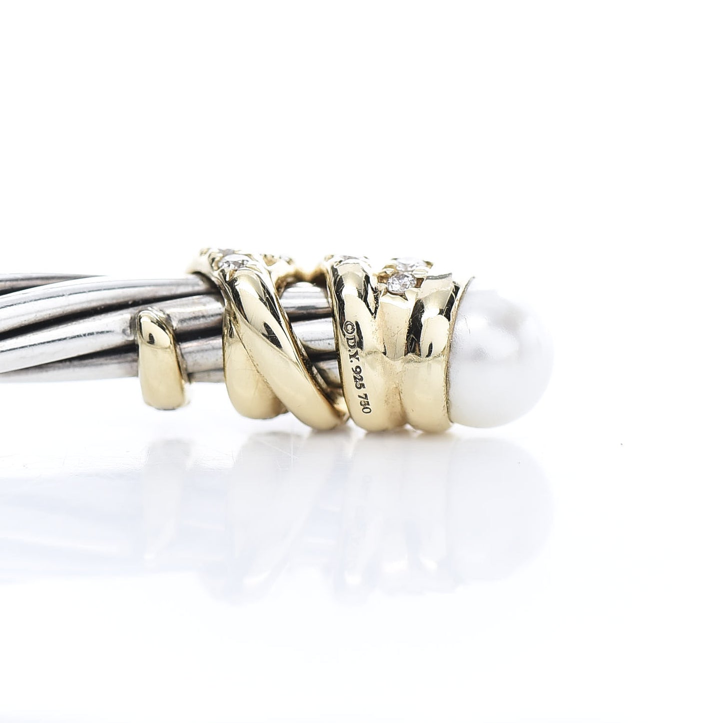 Sterling Silver 18K Yellow Gold Diamond Pearl 4mm Helena Cuff Bracelet