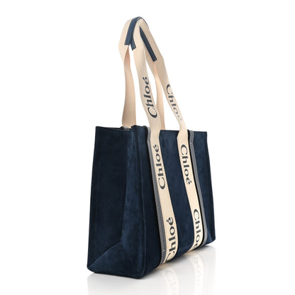Chloe Suede Calfskin Medium Woody Ribbon Tote Navy 3 of 10