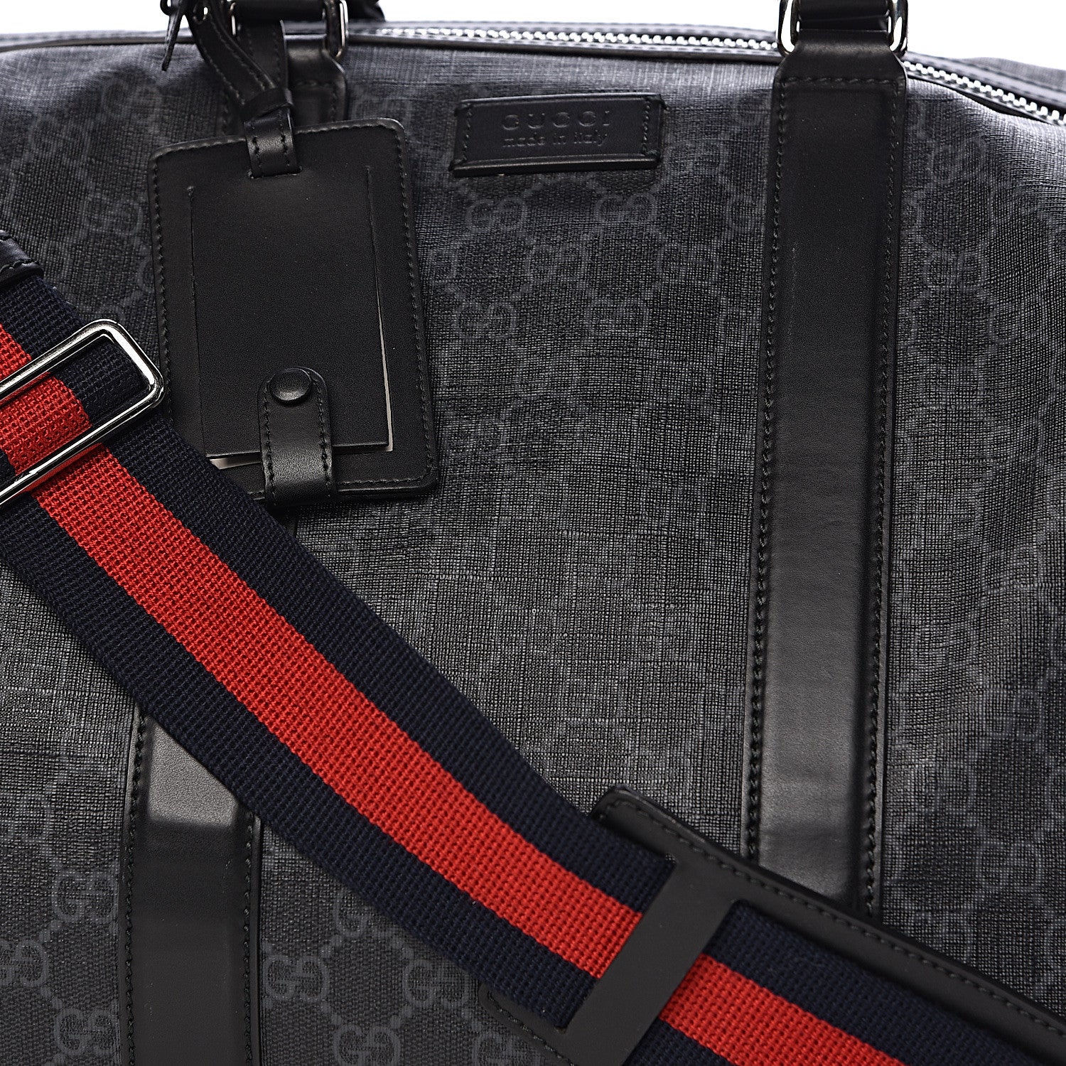 Gucci Soft GG Supreme Monogram Appia Calfskin Web Large Carry On Duffle Bag Black Grey 8 of 17