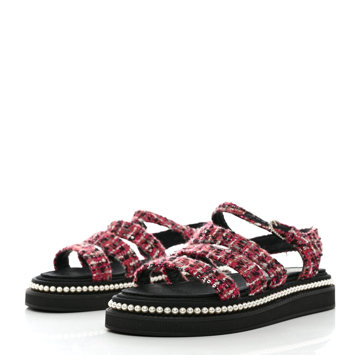 Tweed Pearl Flat Sandals 37.5 Red Black