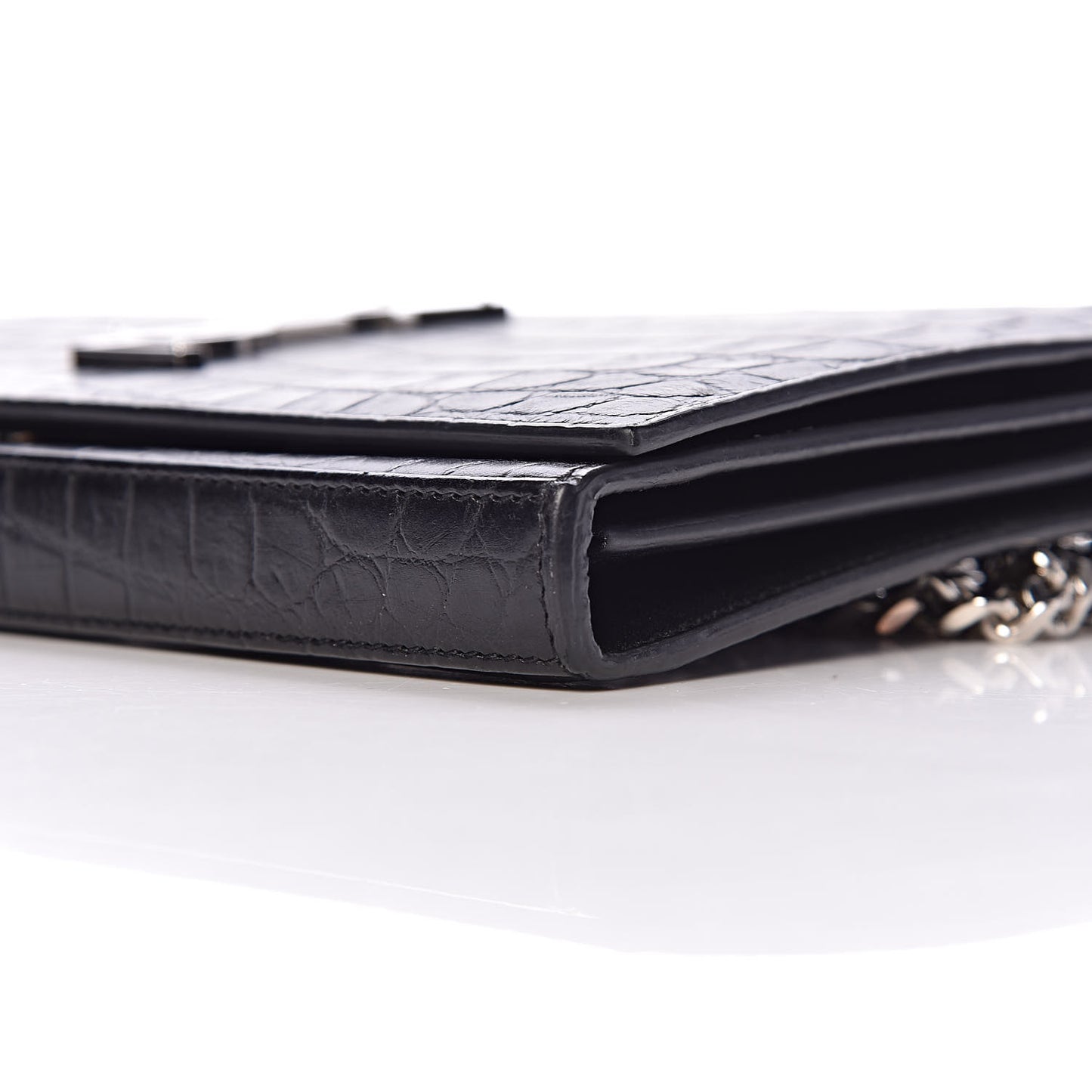 Calfskin Crocodile Embossed Monogram Chain Wallet Black