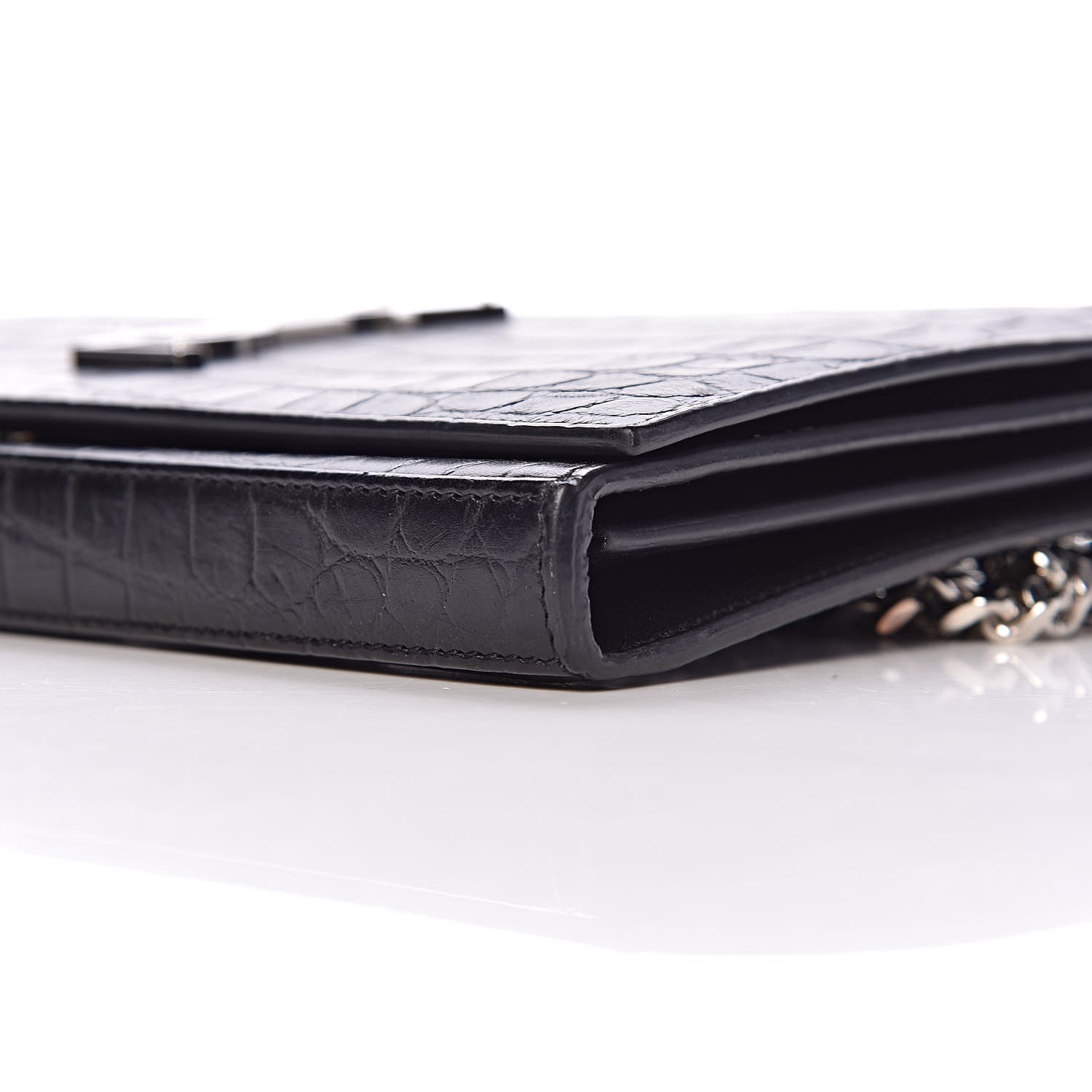 Saint Laurent Calfskin Crocodile Embossed Monogram Chain Wallet Black 10 of 11