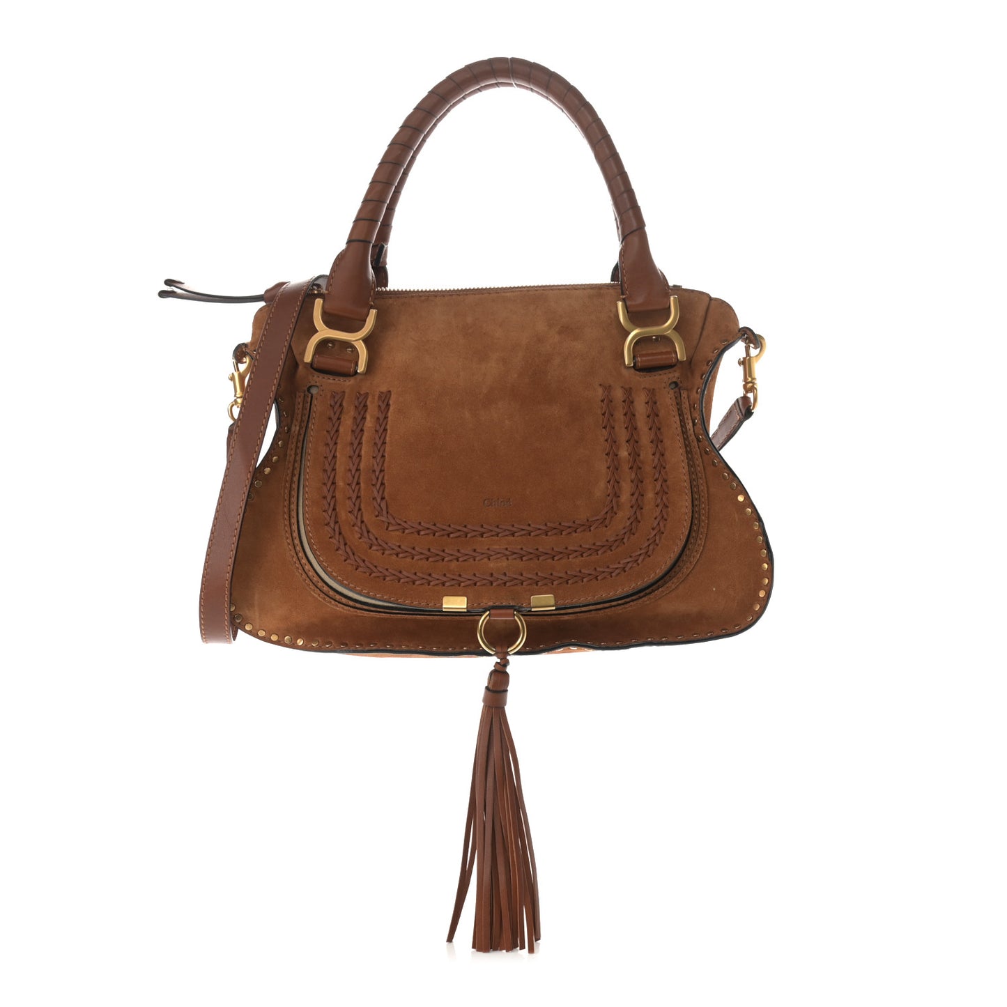 Suede Calfskin Braided Medium Marcie Satchel Caramel