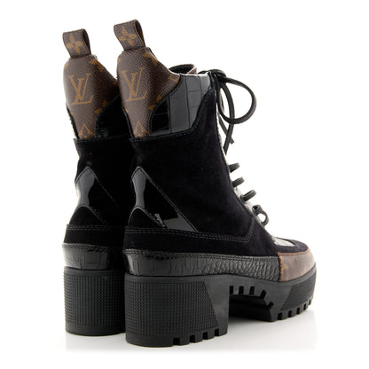 Louis Vuitton Suede Calfskin Crocodile Embossed Patent Monogram Laureate Platform Desert Boots 35 Black 4 of 10