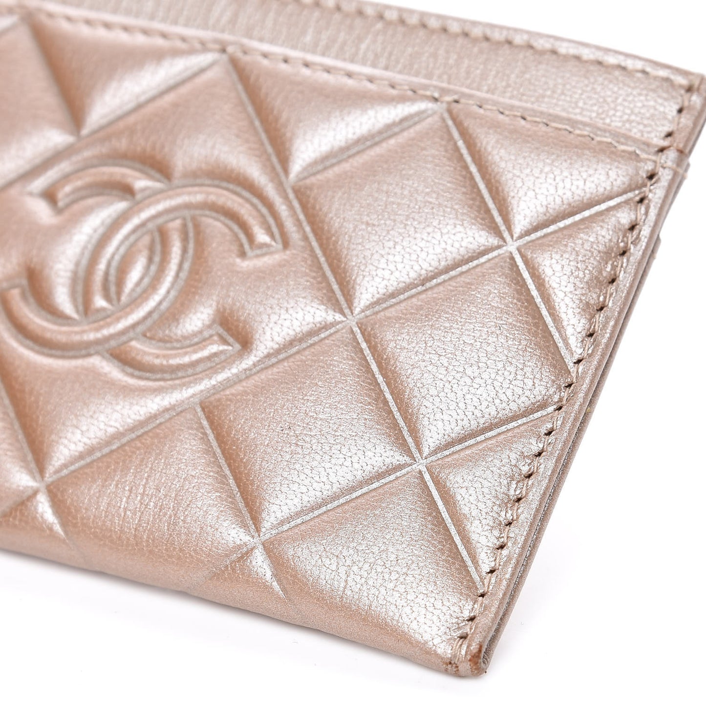 Metallic Lambskin Quilted Diamond CC Card Holder Beige
