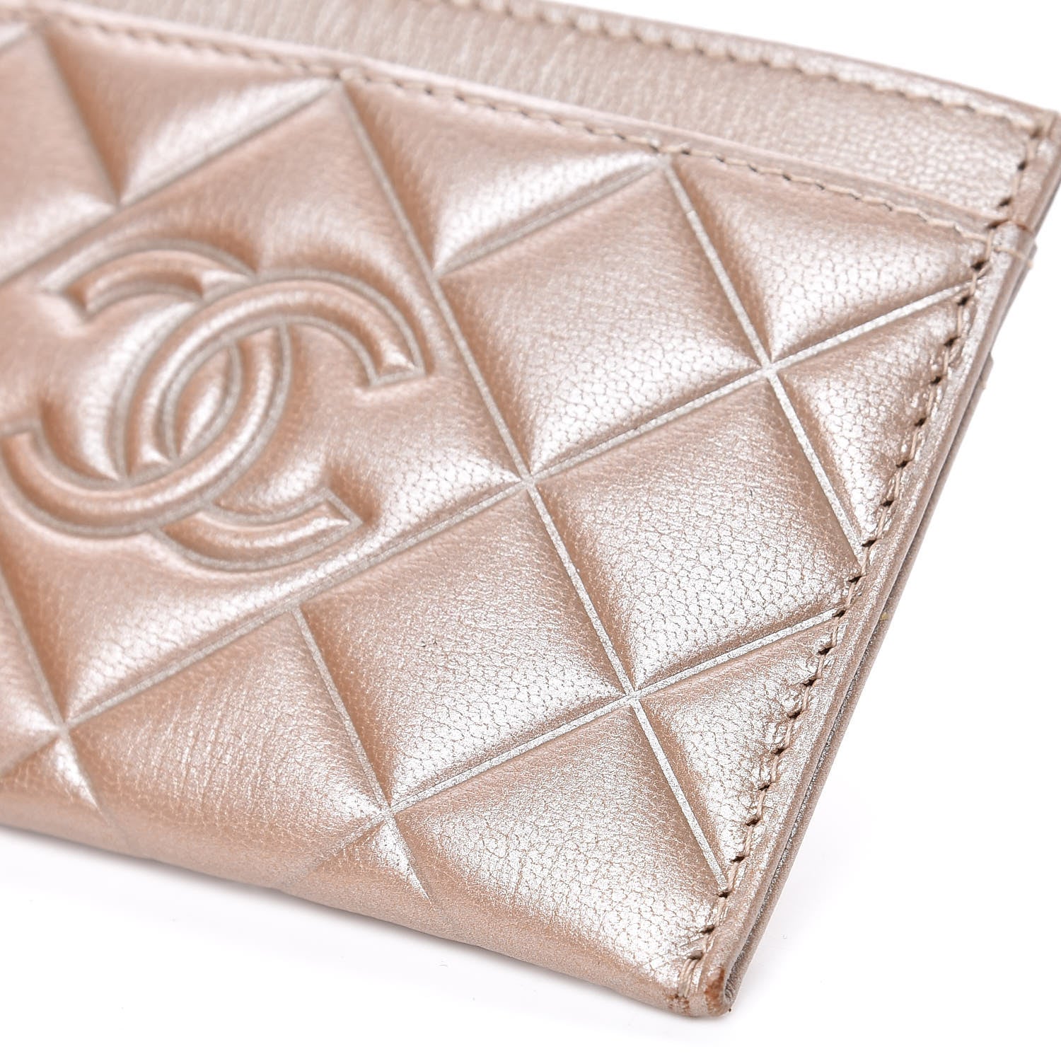 Chanel Metallic Lambskin Quilted Diamond CC Card Holder Beige 10 of 13