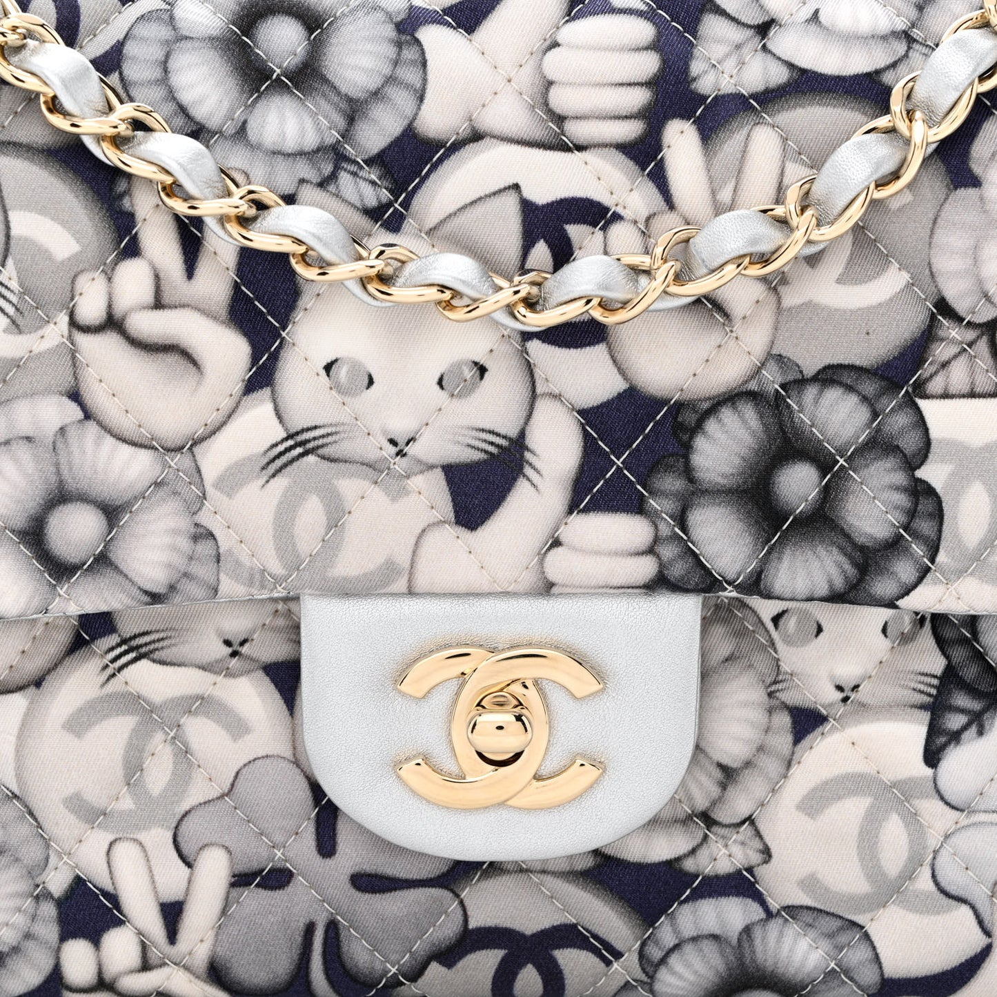 Nylon Quilted Medium Cat Emoticon Double Flap Navy Grey Ecru