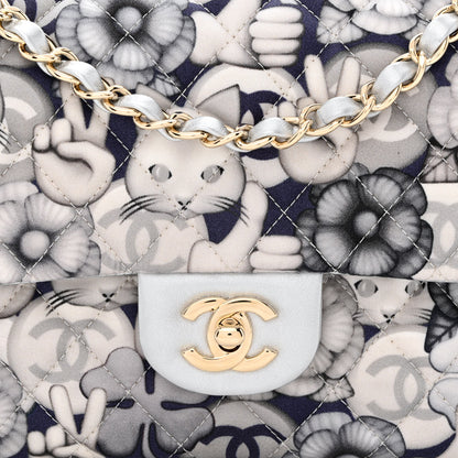 Chanel Nylon Quilted Medium Cat Emoticon Double Flap Navy Grey Ecru 8 of 12