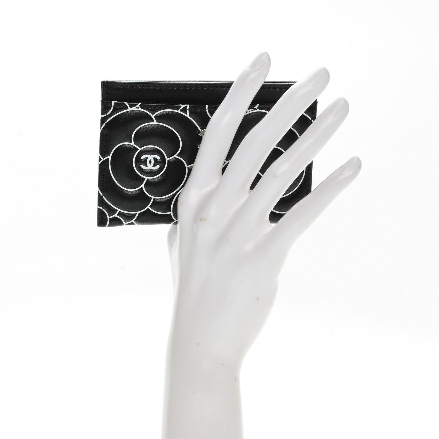Lambskin Camellia Embossed Card Holder Black White
