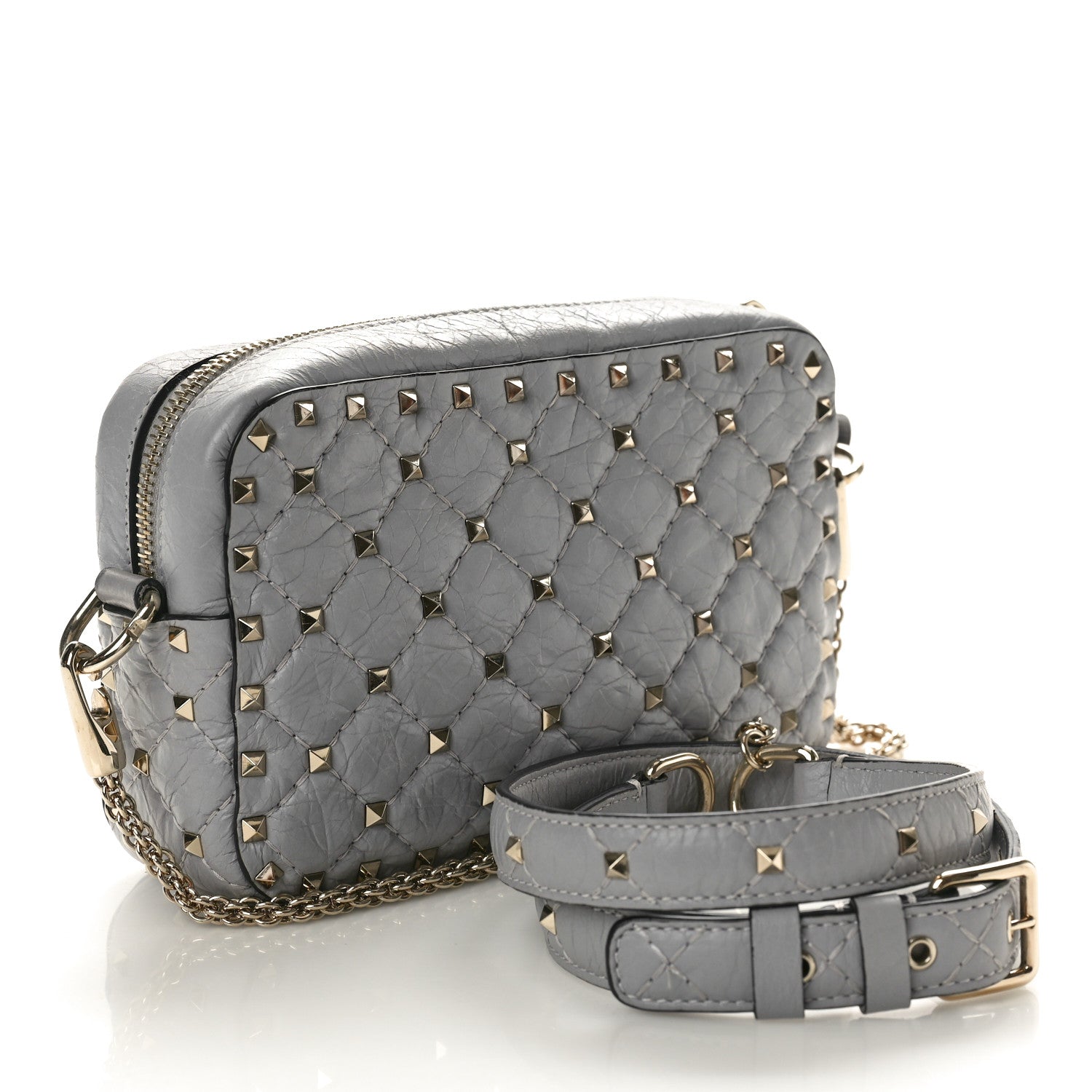 Valentino Garavani Craquele Nappa Rockstud Spike Camera Crossbody Bag Pastel Grey 3 of 9