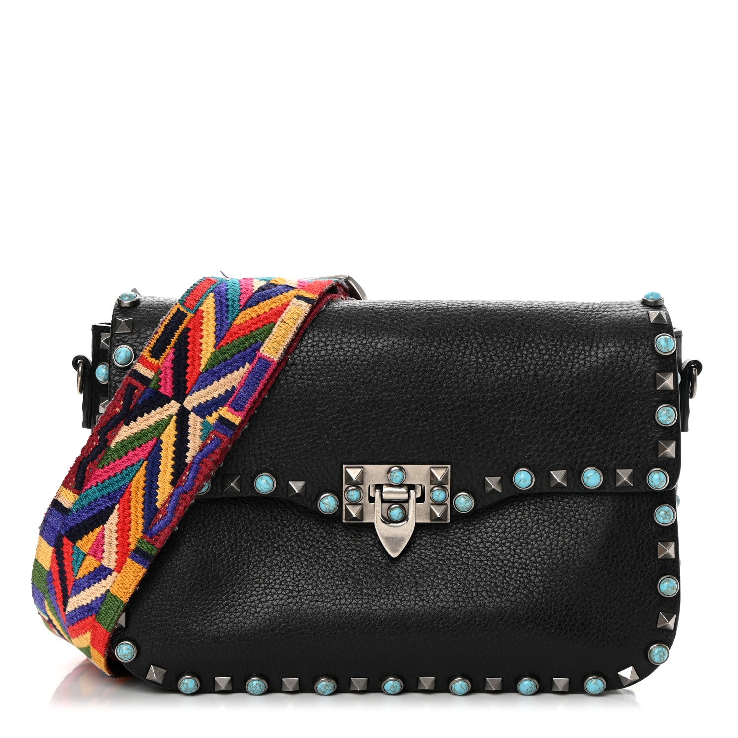 Valentino Garavani Pebbled Calfskin Turquoise Medium Guitar Strap Rockstud Rolling Flap Saddle Bag Black 1 of 17
