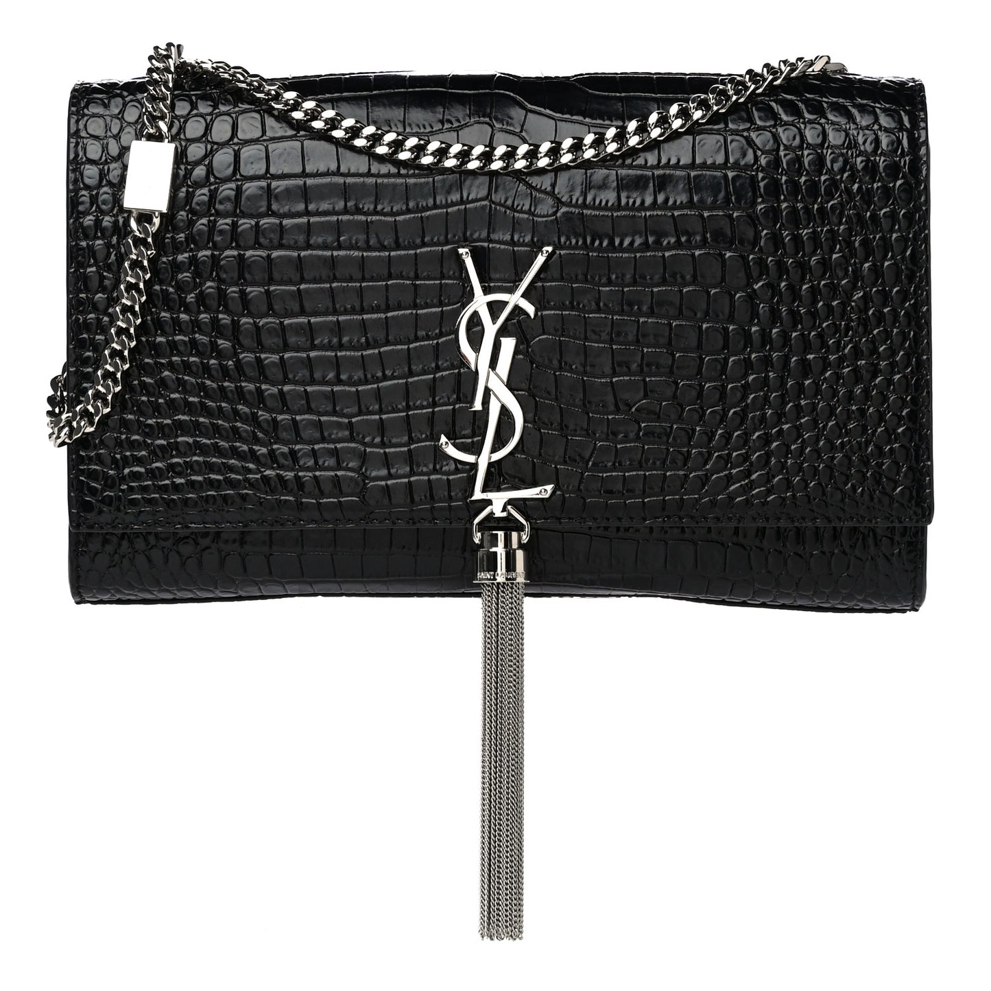 Calfskin Crocodile Embossed Medium Classic Monogram Kate Tassel Satchel Black