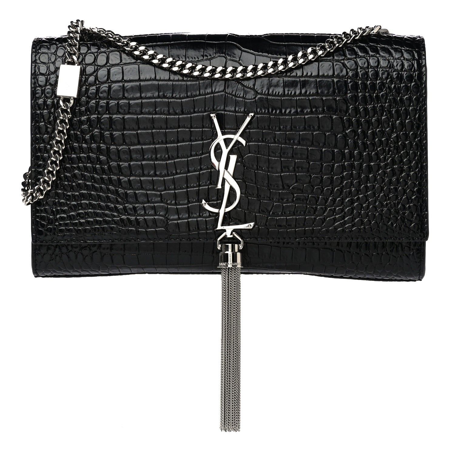 Saint Laurent Calfskin Crocodile Embossed Medium Classic Monogram Kate Tassel Satchel Black 1 of 9