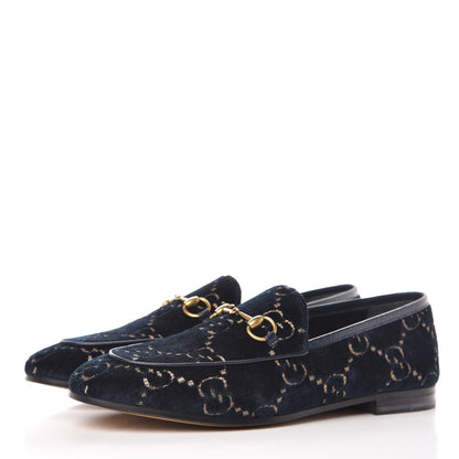 Gucci Velvet GG Monogram Horsebit Womens Jordaan Loafers 39.5 Blue Beige 3 of 10