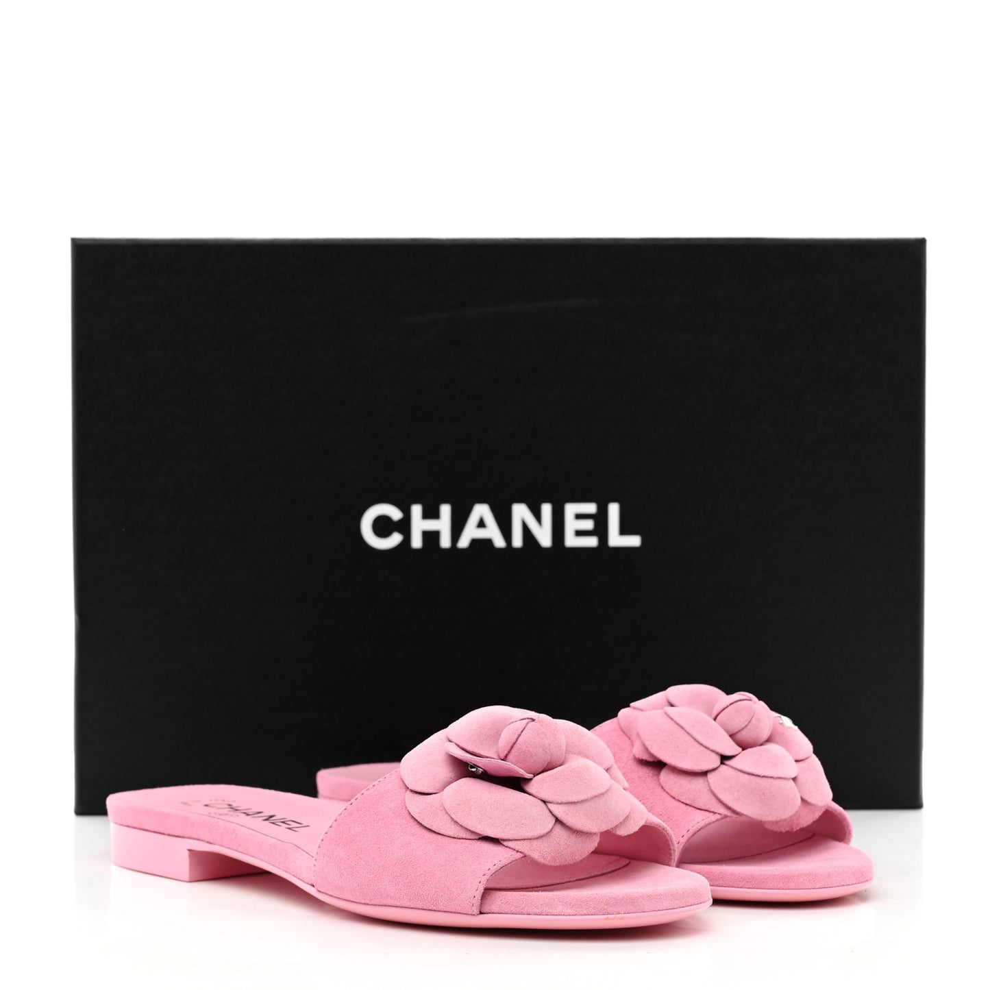 Suede Calfskin Camellia CC Slides 36 Pink