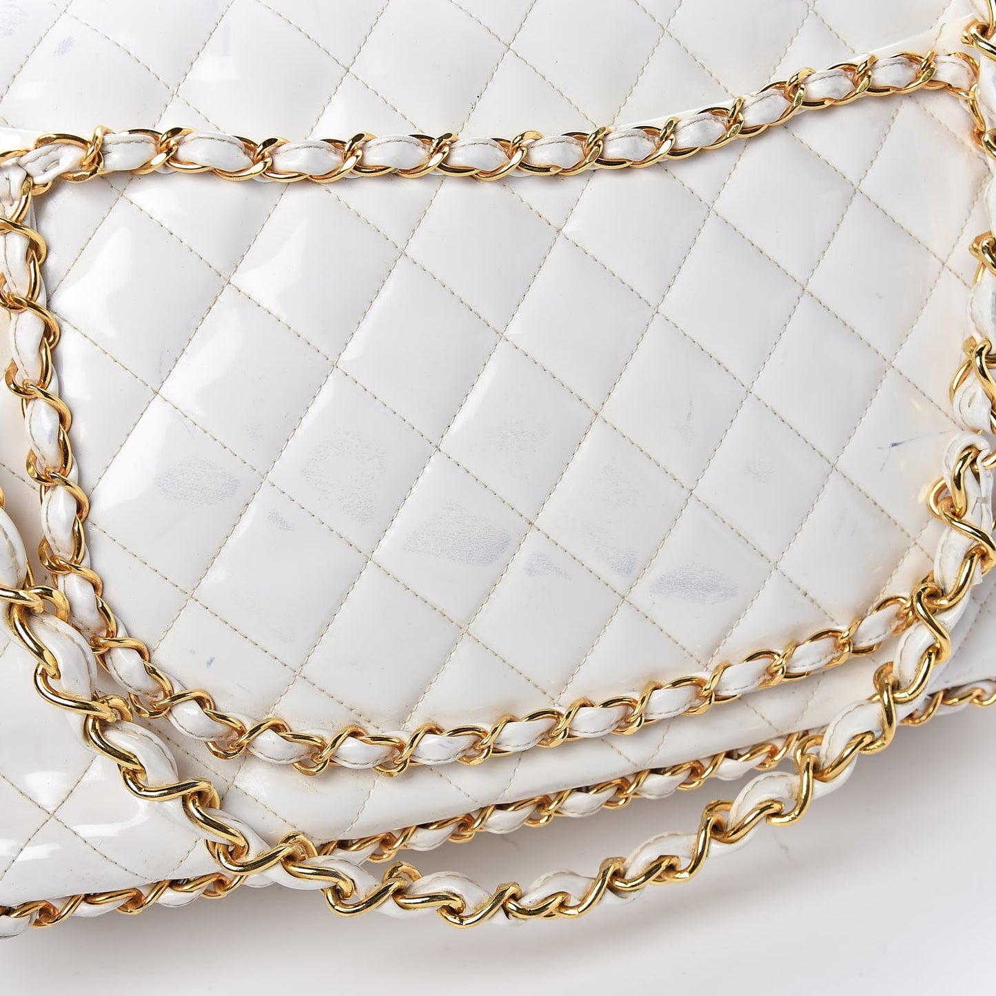 Patent Quilted Jumbo XL Chain Around Flap White