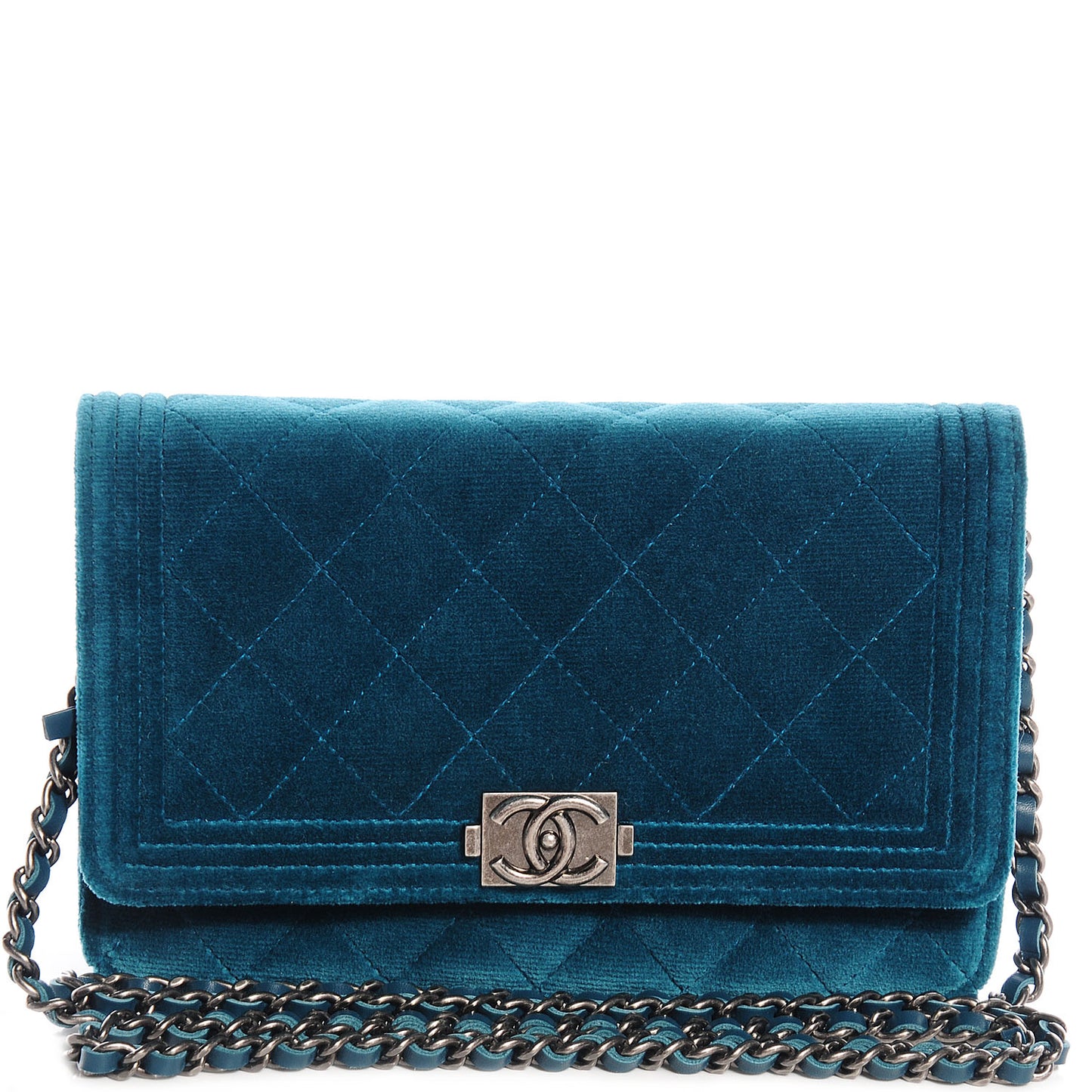 Velvet Quilted Boy Wallet On Chain WOC Turquoise