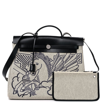Hermes Vache Hunter Toile H Pegase Pop Herbag Zip Retourne 39 MM Bleu Indigo Ecru Black 1 of 11