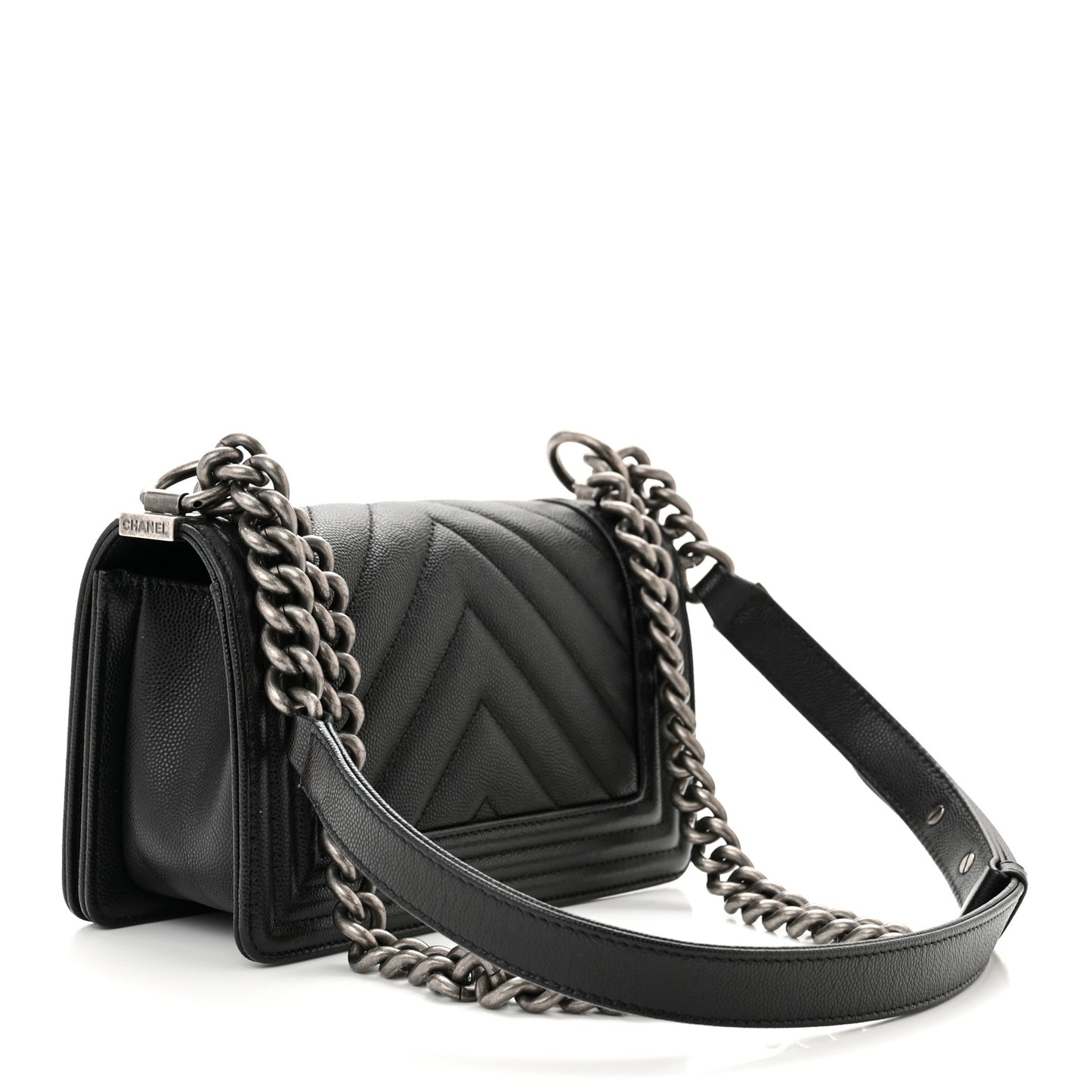Caviar Chevron Quilted Small Boy Flap Black
