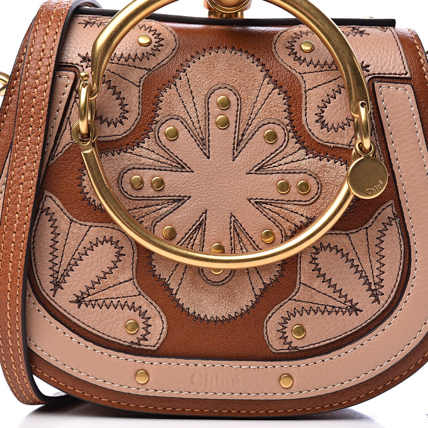 Calfskin Suede Floral Patchwork Small Nile Bracelet Bag Caramel