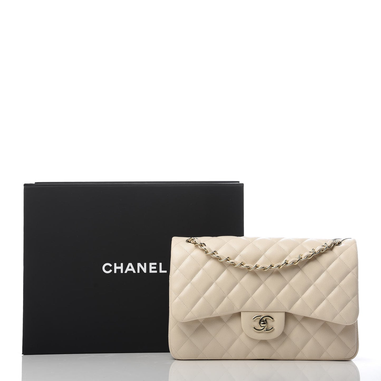 Caviar Quilted Jumbo Double Flap Beige Clair