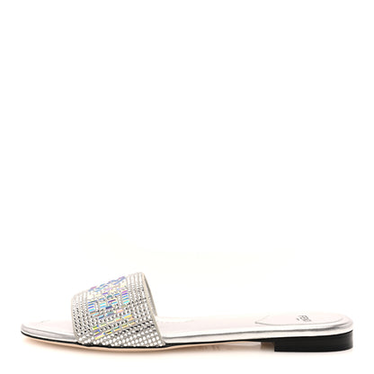 Fendi Laminated Goatskin Baguette Crystal Embroidered Signature Flat Slide Sandals 39 Silver 1 of 6