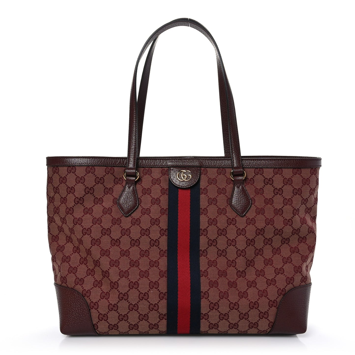 Monogram Textured Dollar Calfskin Web Medium Ophidia Shopping Tote Sahara Rubino Chardonnay