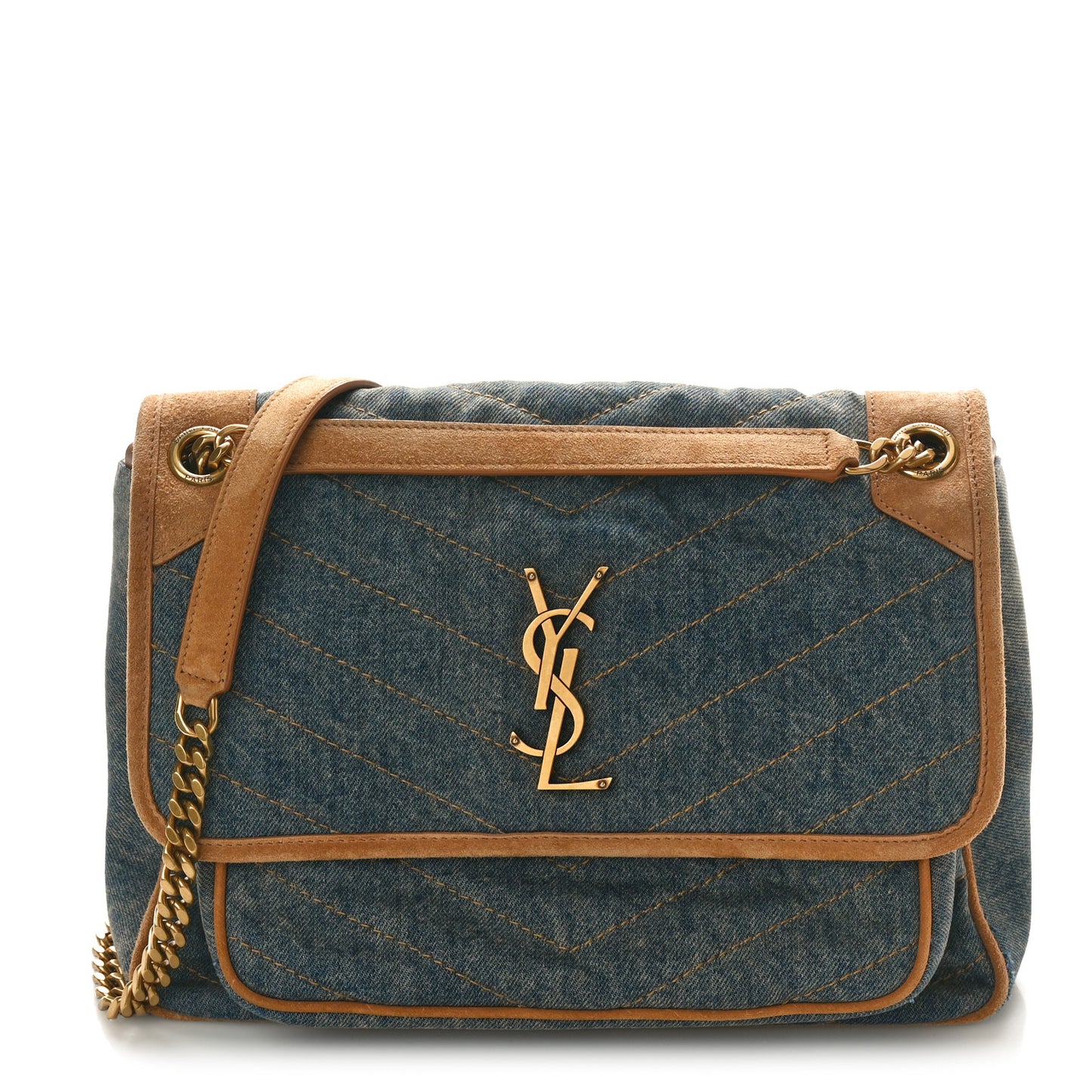 Denim Suede Monogram Medium Niki Chain Satchel Blue Cinnamon