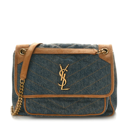 Saint Laurent Denim Suede Monogram Medium Niki Chain Satchel Blue Cinnamon 1 of 11