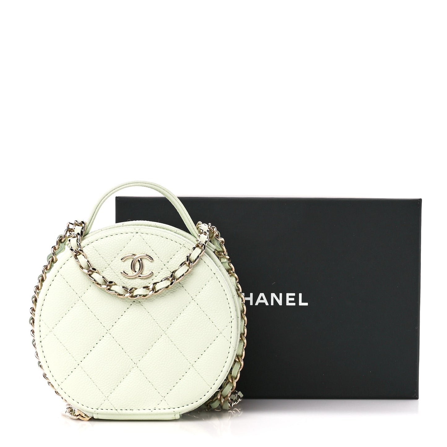 Caviar Quilted Round Handle With Care Vanity With Chain Mint