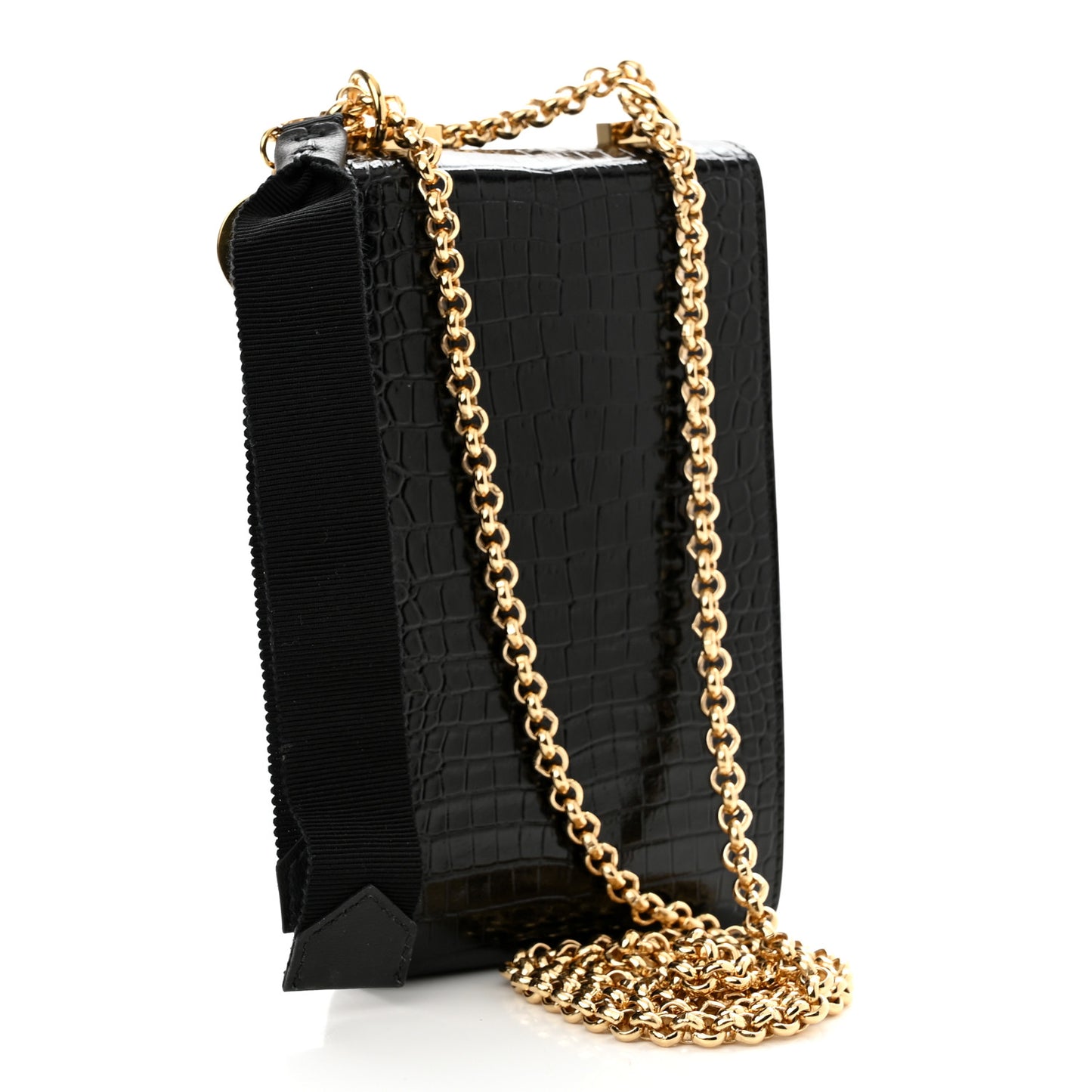 Calfskin Crocodile Embossed Mini Phone Crossbody Bag Black