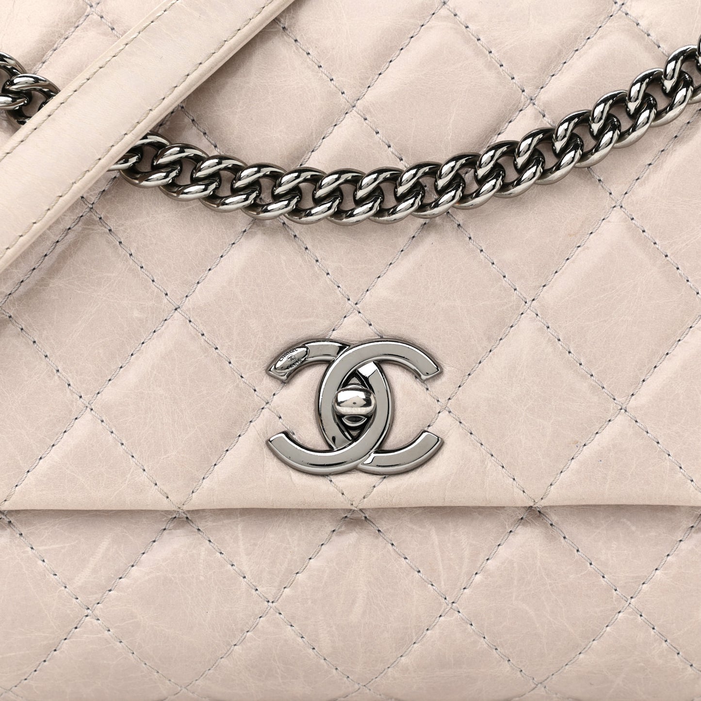 Glazed Calfskin Quilted Medium Lady Pearly Flap Light Beige